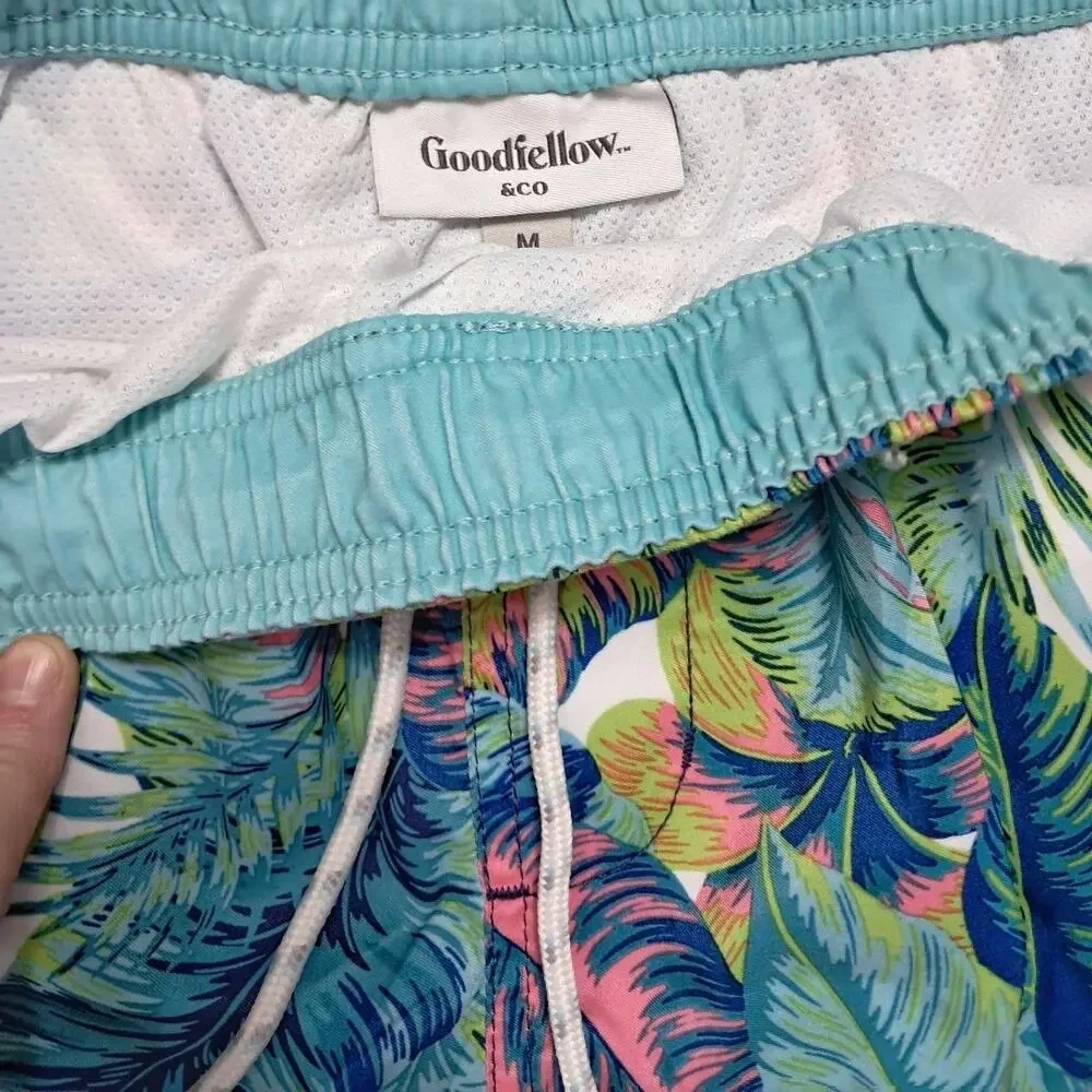 GOODFELLOW Men's tropical Swim Shorts Sz M Turquoise Pink Elastic Waist Pockets
